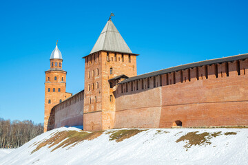 The ancient towers of the Kremlin of Veliky Novgorod on a clear frosty day. Russia