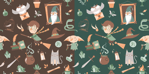 Two seamless patterns of magic and witchcraft. 