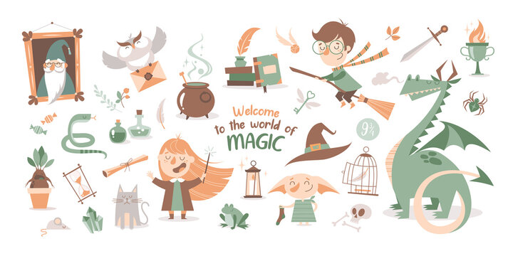 Set of cartoon magical and witchcraft isolated elements and characters 