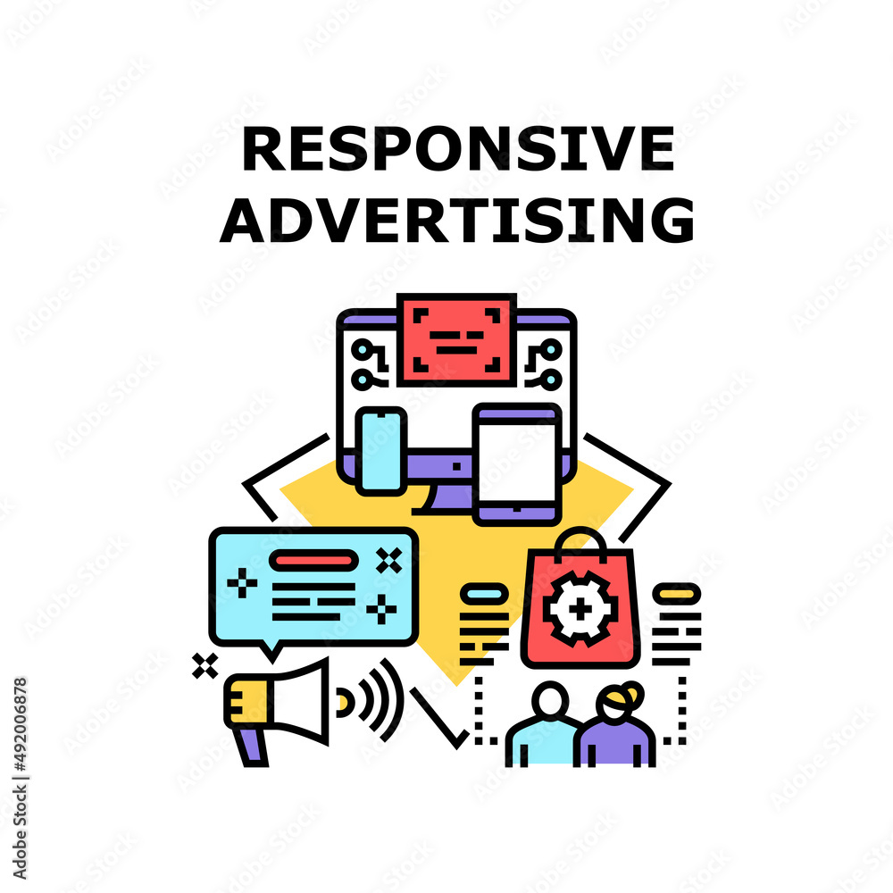 Poster responsive advertising vector icon concept. conceptual responsive advertising on computer monitor, t