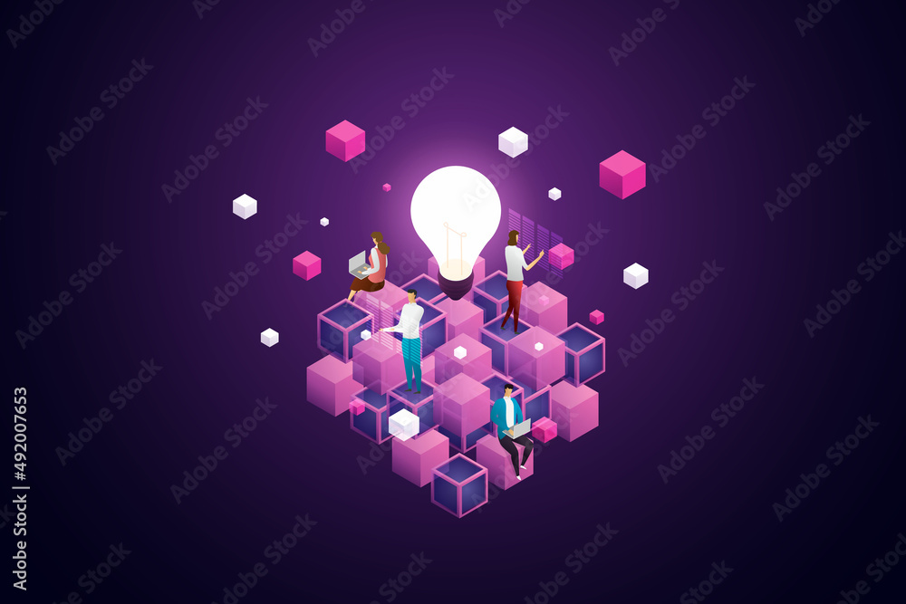 Poster team working on blockchain technology.