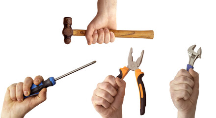 Group of hands holding working tools on white background, maintenance concept, manual work.