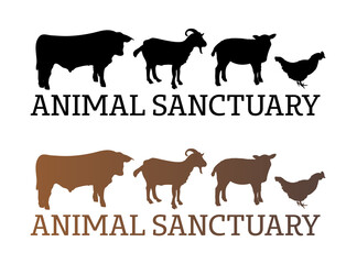 Animal sanctuary concept – text with silhouettes of saved farm animals – cow, goat, sheep, and hen or chicken isolated on a white background. Place where animals are protected and have a shelter.