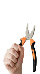 Hand holds pliers on white background, maintenance concept, electrician, manual labor.