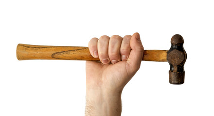 Hand holding a hammer on white background, maintenance concept, manual labor, carpentry