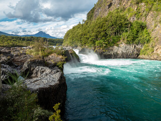 Fototapeta na wymiar Petrohué Waterfalls downstream from the Todos los Santos Lake, Vicente Rosales National Park, Puerto Varas, Chile