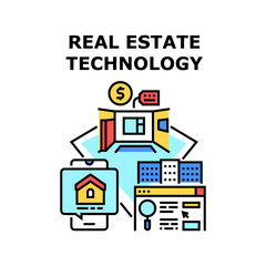 Real Estate Technology Vector Icon Concept. Real Estate Technology For Searching And Researching Apartment Or House Online On Website And Mobile Phone Application Color Illustration