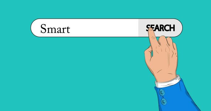 Virtual search bar with the text Smart. Businessman pushing his right hand index finger to touch a search icon. 4k Comic Book style animation.
