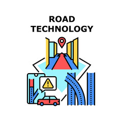 Road Technology Vector Icon Concept. Gps Navigation And Digital Map Device Road Technology For Traveling In Car. Automobile Highway And Roadway With Innovative System Color Illustration