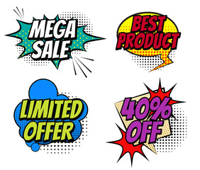 set of commercial comic bubbles template or black white bubble speech with halftone shadows or vintage bubble speech pop art style. eps vector