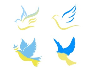 big set of Dove of peace icon. Flying bird. Peace concept. yellow doves symbolism - Ukrainian flag