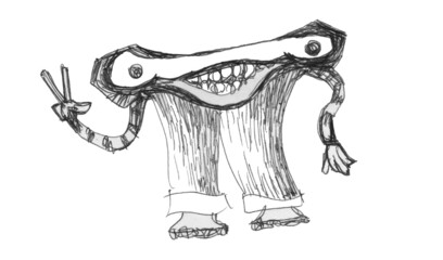 Monster character with victory gesture. Funny cartoon character smiling.