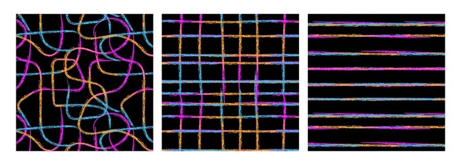 Set of abstract seamless patterns with texture lines on a black background