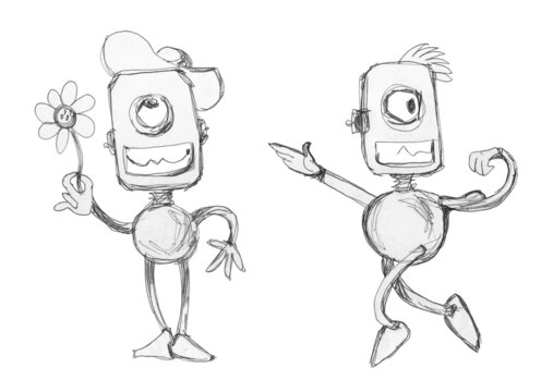 Robot with a flower and a bodybuilder robot. Two funny robots.