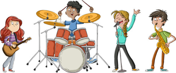 Cartoon teenagers playing on a rock'n'roll band - 492012469
