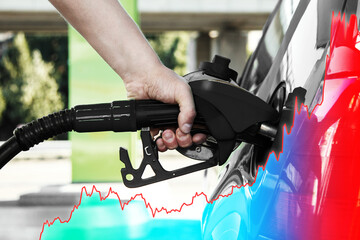 Hand with fuel nozzle and rising chart showing gasoline price increase during energy crisis