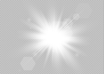 Glowing isolated white transparent light effect, glare, explosion, glitter, line, sun flare, sparks from the sun and stars