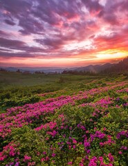 scenic summer dawn floral image, amazing mountains landscape with blooming flowers at morning sunrise, scenic nature scenery, Carpathians, border Ukraine - Romania, Europe , Marmarosy