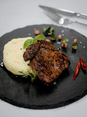 Beef steak with mashed potatoes