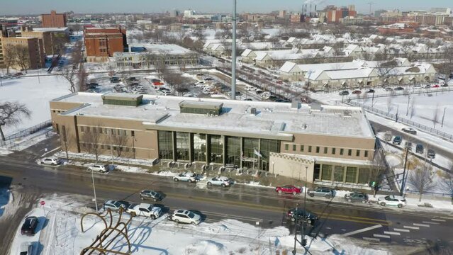 Fixed Aerial View of Chicago Police Building in Pilsen Neighborhood