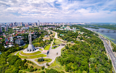 Aerial view of the Motherland Monument and Pechersk Lavra in Kiev, the capital of Ukraine, before...