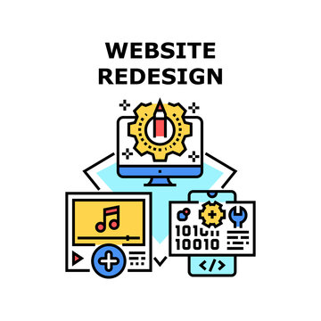 Website Redesign Vector Icon Concept. Website Redesign Creative Occupation, Adding Video Clip And Create Graphic Website. Programmer And Designer Professional Occupation Color Illustration
