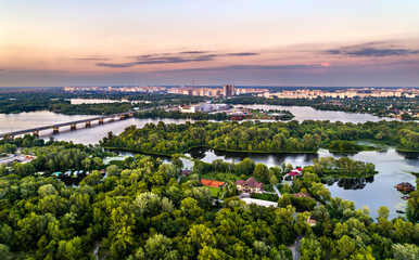 Aerial panorama of Trukhaniv Island on the Dnieper river in Kiev, Ukraine before the Russian...