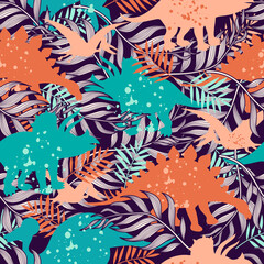 Seamless vector pattern with funny dinosaurs on tropical background. Exotic template for textiles, fabrics, t-shirts and wrapping paper. Cute design dino jurassic mammals.