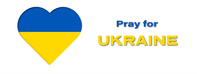 Banner Pray for Ukraine sign. Heart with colors of Ukrainian flag. Crisis in Ukraine concept. Isolated on white with text. Paper cut