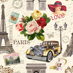 Seamless Paris vintage  background with retro car, roses and Paris symbols.