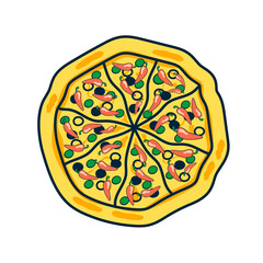 Pizza with olives and red pepper. Stylized vector drawing