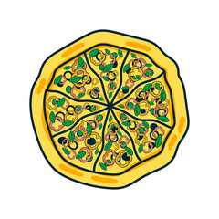 Pizza with olives, basil, red and yellow pepper cut into circles. Stylized vector drawing