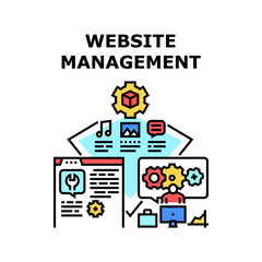 Website Management Vector Icon Concept. Programmer And Content Manager Website Management Occupation. Loading Video, Music And Photo File. Web Site Maintenance And Support Color Illustration