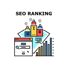Seo Ranking Vector Icon Concept. Seo Ranking Position After Researching Digital Internet Business Content, Analyzing Infographic. Marketing And Optimization Technology Color Illustration