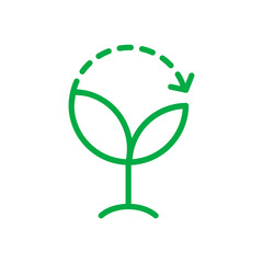 Biodegradable sign. Compostable product line icon. Plant with a circle arrow. Green leaves with recycle arrow. Environmentally friendly, organic, natural material. Vector illustration, flat, clip art