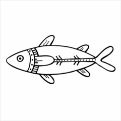 Black and white vector illustration with fish in etnic style. For any your designs and decors. Suitable for making patterns, postcards, labels, packaging, covers and more.