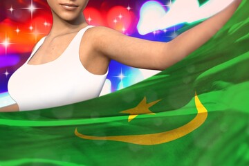 cute woman holds Mauritania flag in front on the party lights - flag concept 3d illustration