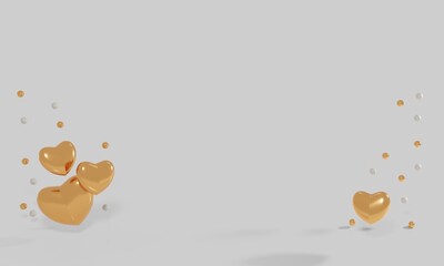 3D abstract love background. Cream background with hearts and golden balls. Valentine's Day Wedding. Beauty presentation of a cosmetic product. 3D illustration.