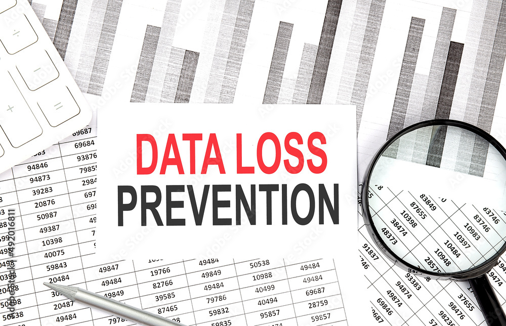 Poster data loss prevention text on paper with calculator,pen on graph background