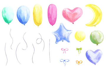 A set of colorful balloons of different form and other elements for holiday decoration. All elements are hand-drawn in watercolor and placed on a white background for ease of reference. For your ideas