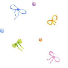 Seamless watercolor pattern with colorful small bows. Suitable for holiday designs, invitations, cards, decoration of children's things, greetings, paper, packaging, wallpaper, wrapping paper and more