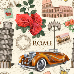 Seamless Italy vintage  background with retro car, roses and Italian symbols.