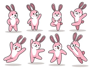 Set of Cute Rabbit on Pink Color for Spring and Easter