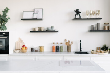 Large kitchen with induction cooker and decor