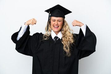 Young university graduate woman isolated on white background doing strong gesture