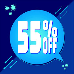 -55 percent discount. 55% discount. Up to 55%. Blue banner with floating balloon for promotions and offers. Up to. High Resolution