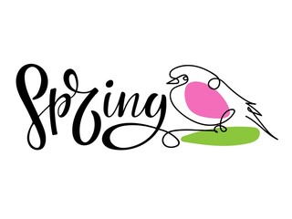 Spring Handwritten lettering with bright spring bird sketch. Vector calligraphy. Typography sign. Vector Background. For card and poster, sale billboard and sign, banner and badge.