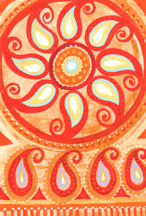 The pattern in the circle consists of elements of buta, paisley red on a golden background, hand-drawn with paints for ethnic design.
