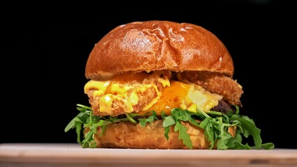 Craft burger is cooking on black background in black food gloves. Consist: sauce, arugula, tomato,...