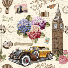 Seamless London vintage  background with retro car, roses and London symbols.